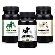 Load image into Gallery viewer, Three cans of natural mushroom supplements containing Reishi, Cordyceps, and Lion's Mane mushrooms.